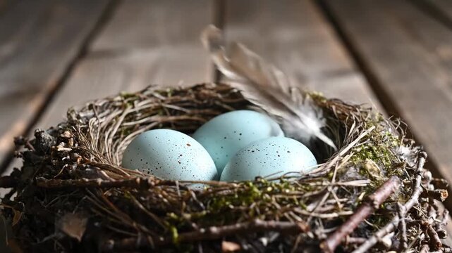 Tranquil Bird's Nest with Blue Eggs - This video features a close-up view of a rustic bird's nest containing three speckled blue eggs.