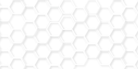 Fototapeta premium White Hexagonal Background. Luxury White Pattern. Futuristic honeycomb mosaic white background. Abstract embossed hexagon. Surface polygon pattern with glowing hexagon paper texture.