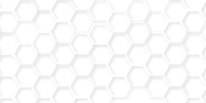 White Hexagonal Background. Luxury White Pattern. Futuristic honeycomb mosaic white background. Abstract embossed hexagon. Surface polygon pattern with glowing hexagon paper texture.