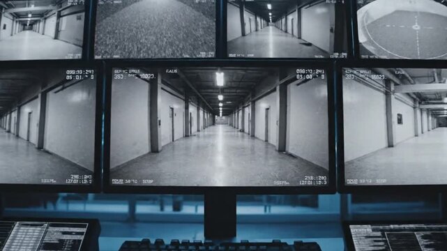 Surveillance Hallway CCTV Security Monitors Overlooking Empty Corridor