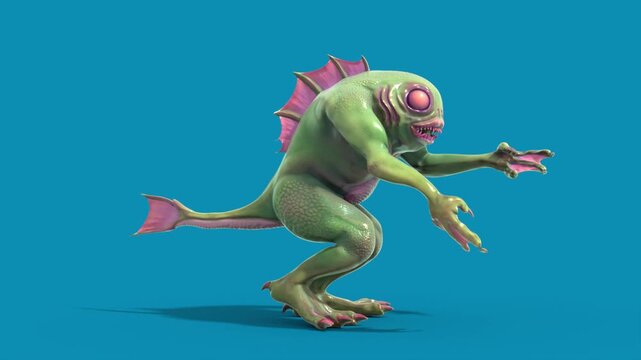 Blue Screen Fish Man Monster Walkcycle Side Loop 3D Animation Rendering CGI 4K