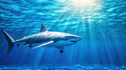 Naklejka premium Realistic render of shark swimming clear blue ocean water, showcasing its powerful form and sunlight filtering through surface, creating serene