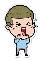 Obraz premium A cartoon sticker illustration of a little boy laughing out loud with a funny expression and tears of joy. Cute chibi-style vector art, suitable for chat stickers, emojis, and digital humor content.