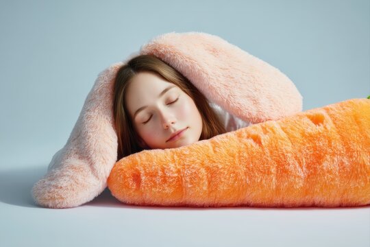 Sleepy student rests cheek on carrot pillow, pastel pink background