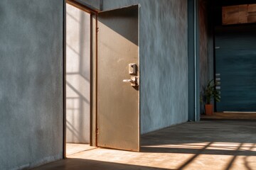 Closed Steel Bunker Door with Light Leaking Through an Industrial Space