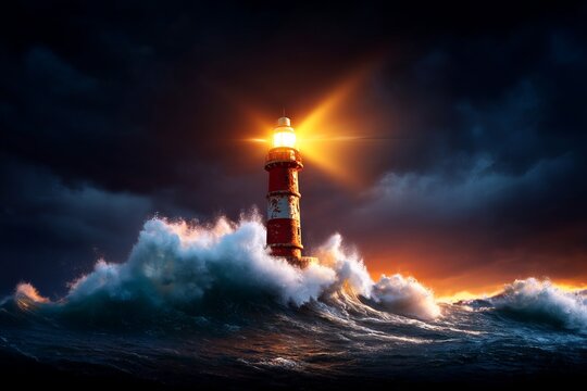 Majestic Lighthouse Standing Alone as Waves Intensify at Night during Storm