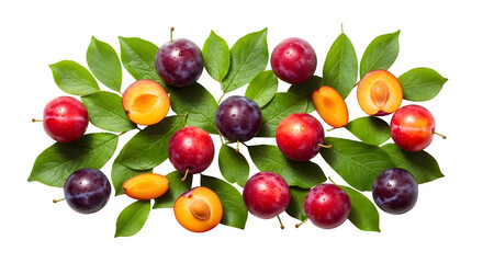 Fresh plums and leaves floating in vibrant arrangement for healthy diet inspiration image, isolated on white or transparent background. PNG
