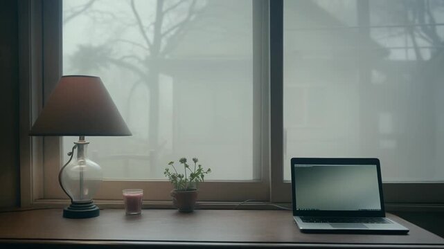 Laptop, lamp and potted plant on a simple desk by a window, creating a calm, cozy home office scene with misty, overcast weather outside for focused remote work