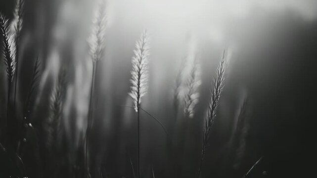 Delicate grass spikes receiving soft natural light on a foggy morning, creating an atmospheric botanical scene with a peaceful and serene mood in black and white tones