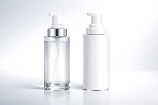 Two cosmetic bottles isolated on white background for skincare product packaging design