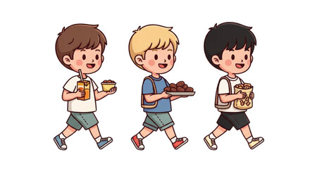 Three cartoon boys walking with snacks and drinks