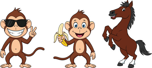 Cute cartoon animal characters set featuring cool monkey with sunglasses, happy monkey holding banana, and rearing horse illustration isolated © Asha Creatives