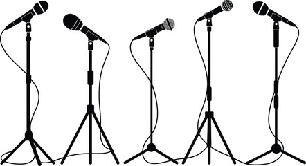 Five black microphone silhouettes on stands with cables on white background Keywords: microphone, microphones, stand, stands © Shakila