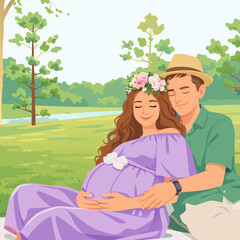 Expectant couple sitting in a park during a peaceful afternoon.