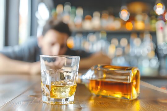 A drunk man fell asleep on the bar counter in front of an unfinished bottle of whiskey. The scene captures a man asleep on the bar, his unfinished whiskey bottle hinting at a long night.