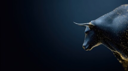 Obraz premium Futuristic golden bull icon for financial markets, digital tech aesthetic, black and blue background