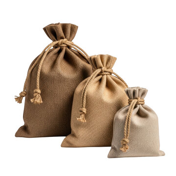 Set of jute gift bags isolated on transparent background