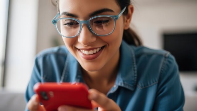 Woman Smiling Using Smartphone