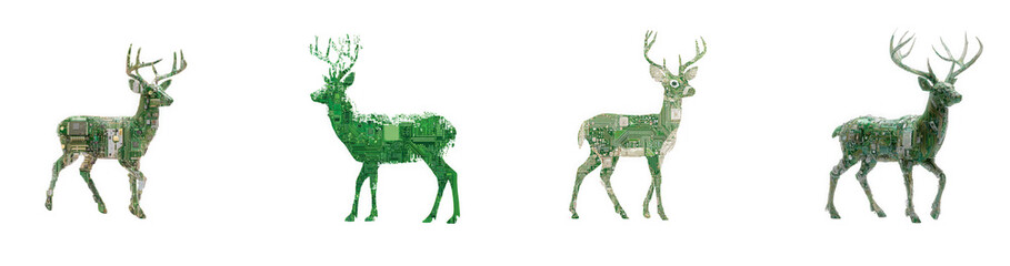 Obraz premium Digital deer illustration with green circuit board design standing isolated on transparent background