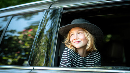 Young child with blonde hair wearing a straw hat smiling, leaning out of a car window on a sunny day during travel