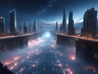 Futuristic City Skyline Perched on Cliffs above Clouds with a Glowing Energy Beam