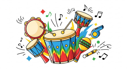 Colorful drums and microphone with music notes illustration