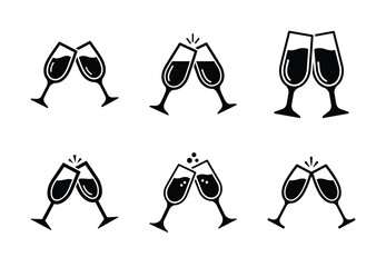 Collection of a black champagne glasses vector icon set. valentines day silhouette icons. © SailoBala