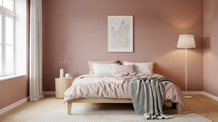 Fototapeta premium Modern bedroom interior design with bed and lamp neutral colors