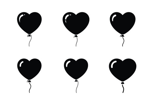 Collection of a black heart balloon vector icon set. valentines day silhouette icons.