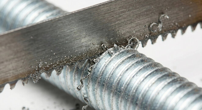 Hacksaw blade cutting through metal threaded rod causing shavings