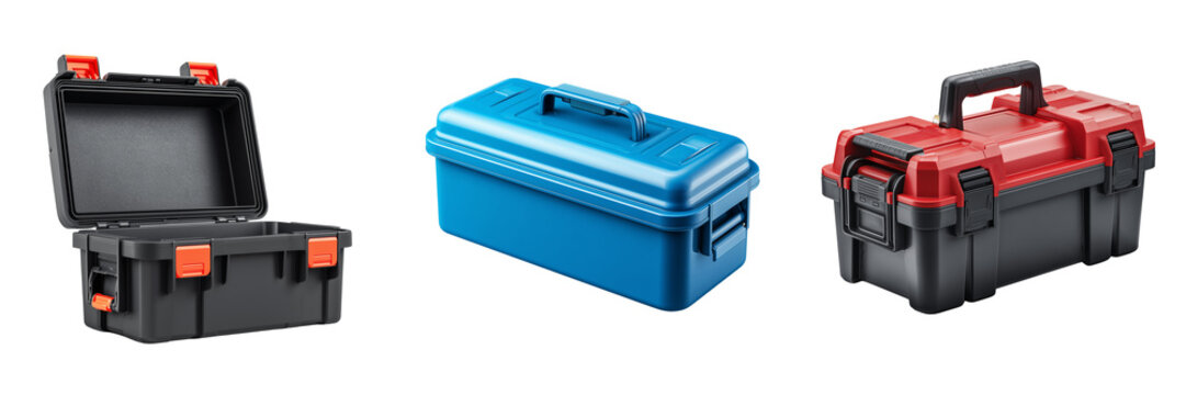 Three durable plastic toolboxes in black orange blue and red isolated on a transparent background storage