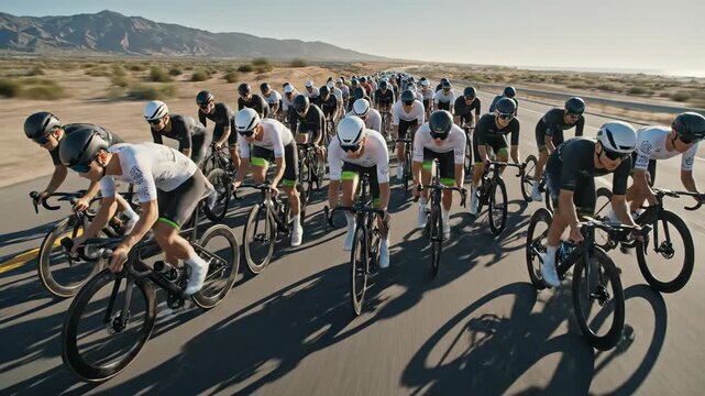 Sweeping drone aerial shot following a large, tightly packed group of identical carbon road bicycles moving in formation across a vast open highway at high speed motion, athletic, highspeed