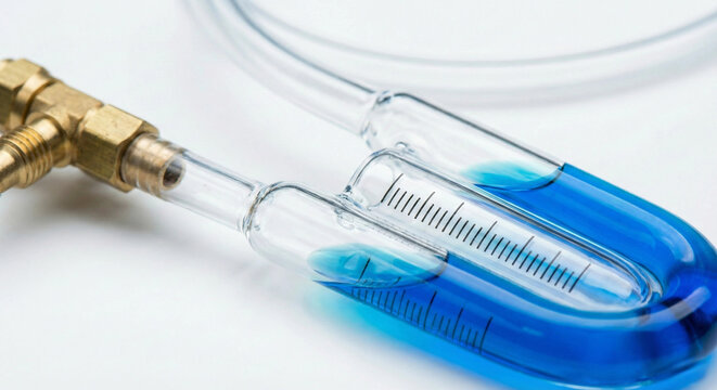 U-tube manometer with blue liquid for measuring pressure difference