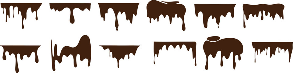 Chocolate drip and liquid paint dripping set in silhouette style. Melting sauce and slime flow elements for creative design use. Isolated drip collection for banners and backgrounds. 