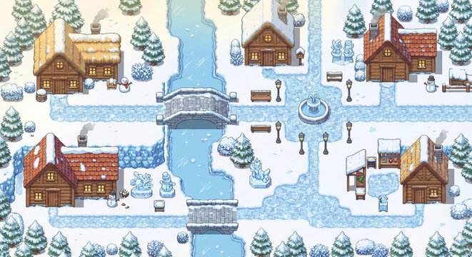 Blizzard Snowy Village 01 &ndash; Top-Down Pixel Art Fantasy RPG Map, 2D Game Environment, Tile-Based Level Design, Cute Colorful Indie Style, Medieval Adventure Setting, Clean Walkable Paths
