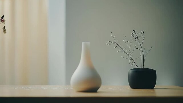 Contemporary white essential oil diffuser on a light wooden table, filling a minimalist living space with gentle mist and subtle fragrance for calm, healthy indoor atmosphere