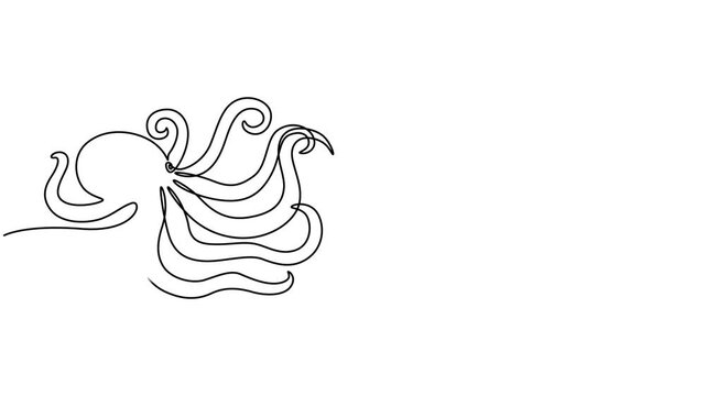 Animated self drawing of single continuous line draw giant octopus for aquarium world logo identity. Legendary kraken animal mascot concept for aquatic show icon. Full length one line animation.