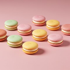 Fototapeta premium Colorful assortment of delicate French meringue sandwich cookies featuring smooth shells and creamy filling, arranged neatly on a pastel surface ,blue ,snack ,assorted