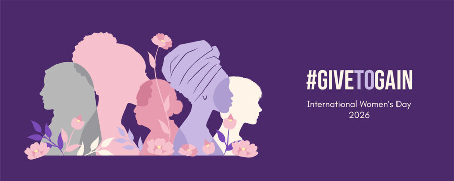 Hashtag give to gain international Womens Day 2026 banner template. Female silhouettes with flower decor on purple background.