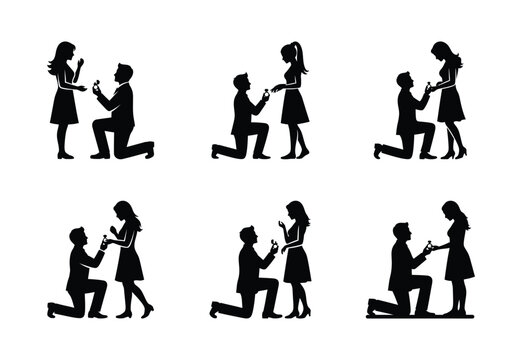 Collection of a black romantic proposal vector icon set. valentines day silhouette icons.