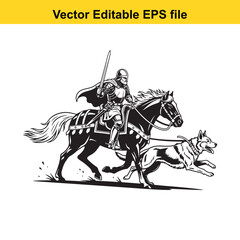 Naklejka premium vsai Medieval knight on horseback with dog running sword raised black and white vector illustration