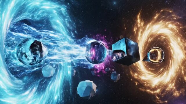 Abstract cosmic wormhole with swirling galaxies and asteroids, connecting two dimensions