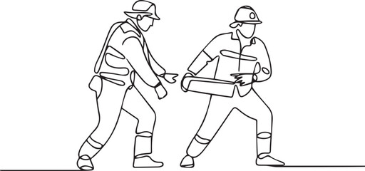 Fototapeta premium Two workers carrying a heavy object together in a workplace setting