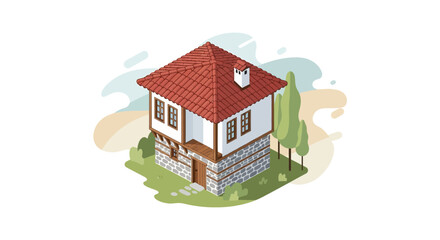 Fototapeta premium Isometric Illustration of a Traditional Balkan House with Red Tile Roof.