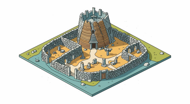 Isometric Illustration of a Medieval Ringfort with Tower.