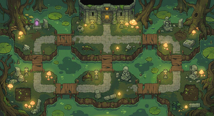Fototapeta premium Swamp Temple Entrance 02 – Top-Down Pixel Art Fantasy RPG Map, 2D Game Environment, Tile-Based Level Design, Cute Colorful Indie Style, Medieval Adventure Setting, Clean Walkable Paths