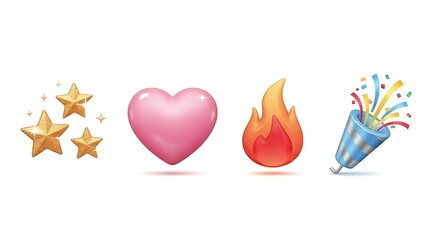A collection of 3D reaction emojis including sparkling stars, a pink heart, flame, and party popper.