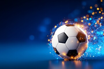 Naklejka premium Glowing Abstract 3D Soccer Ball with Dark Blue Background and Effects