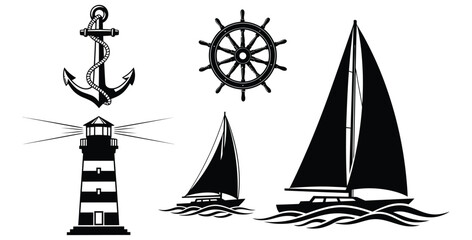Collection of black and white nautical vector icons featuring a classic ship anchor a detailed helm wheel a tall striped lighthouse and several beautiful sailboats traversing ocean waves © Mst Zakia