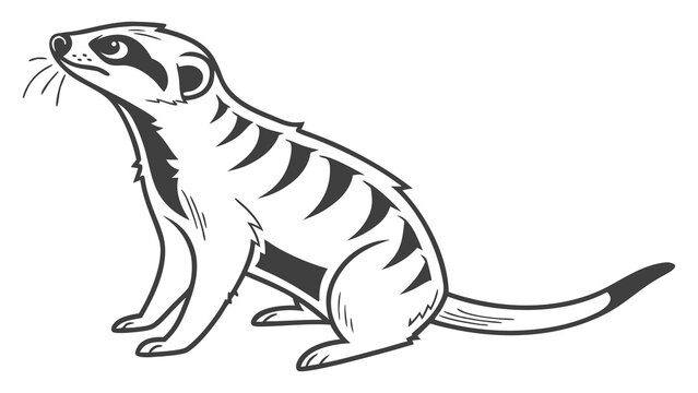 Striped small mammal resembling a mongoose sits upright looking upward in a simple black and white drawing.